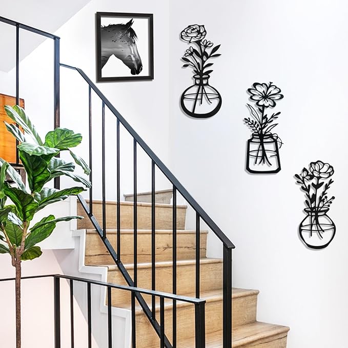 Lcaughsy Metal-Wall-Decor Living Room - 3 Pcs Metal Bathroom Wall Art Floral Vase and Picture Frame for Decoration- Hanging Display Wall Decor Art for Home Dining Room Bedroom Kitchen Farmhouse,Black