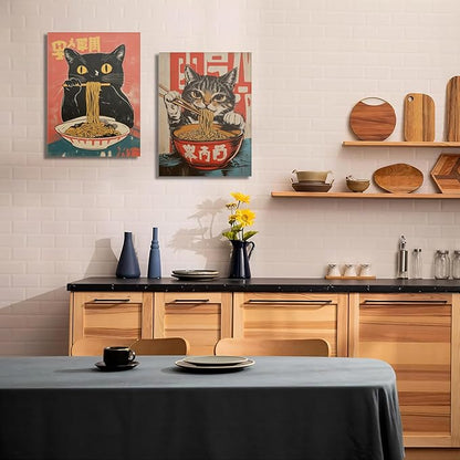 Framed Funny Black Cat Canvas Wall Art Set of 2, Vintage Japanese Cat Eating Ramen Poster, Unique Gifts and Animal Lover Printing Picture for Living Room Kitchen Dining Room Wall Decor 12x16in