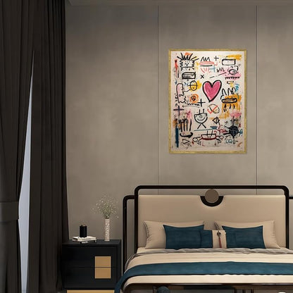 Large Gold Framed Modern Graffiti Wall Art Colorful Abstract Heart Doodle Canvas Poster Beige Textured Pink Love Painting Prints Modern Street Urban Pop Artwork for Bedroom Home Decor 24x36inch