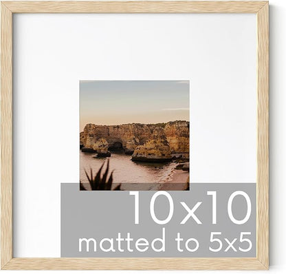 HAUS AND HUES Beige Oak Wood 10x10 Picture Frame Matted to 5x5 - Square Frame with Plexiglass, Modern Wall Frame for Art and Photos (10x10 in, Beige, Set of 1)