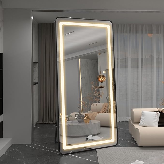FENNIO Full Length Mirror with Lights, 70" x 32" LED Full Body Mirror, Free Standing Lighted Floor Mirror, Wall Mounted Hanging Mirror with Lights for Bedroom, Salon, Brushed Aluminum Frame, Black