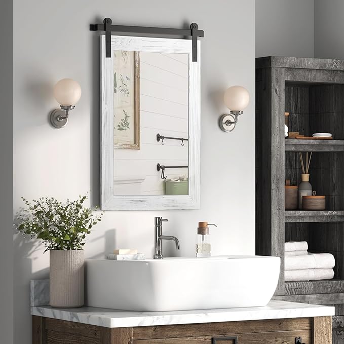 COGOOD Farmhouse Barn Door Mirror - 26" X 17" Rustic Wood Framed Wall Mirror for Bathroom, Living Room, Entryway Wall Decorative (White)