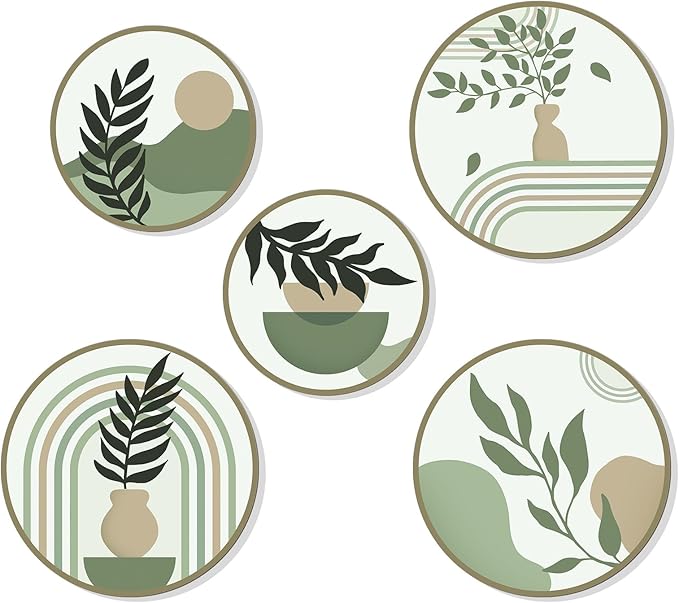 Zzbakress 5 Pcs Boho Wall Decor Farmhouse Wooden Round Bathroom Decor Vintage Bohemian Wall Hanging Decor for Living Room Modern Geometric Wall Decoration Aesthetic Minimalist Wooden Wall Art for Bedroom Apartment Office (Greenery, 5)