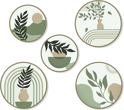 Zzbakress 5 Pcs Boho Wall Decor Farmhouse Wooden Round Bathroom Decor Vintage Bohemian Wall Hanging Decor for Living Room Modern Geometric Wall Decoration Aesthetic Minimalist Wooden Wall Art for Bedroom Apartment Office (Greenery, 5)