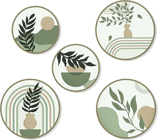Zzbakress 5 Pcs Boho Wall Decor Farmhouse Wooden Round Bathroom Decor Vintage Bohemian Wall Hanging Decor for Living Room Modern Geometric Wall Decoration Aesthetic Minimalist Wooden Wall Art for Bedroom Apartment Office (Greenery, 5)