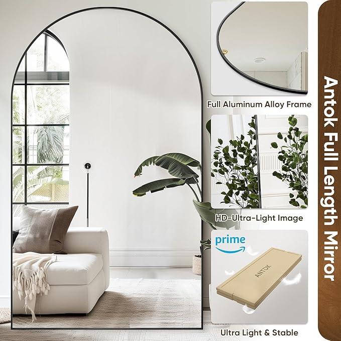 Antok Oversized Full Length Mirror with Stand, 88"x44" Arched Floor Mirror, Aluminum Frame, Wall Mounted/Leaning/Free Standing, Large Body Mirror for Bedroom Living Room Entryway Dressing Room,Black