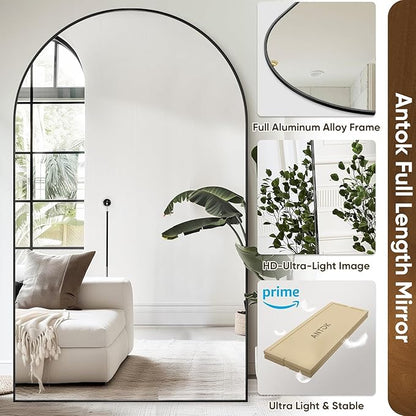 Antok Oversized Full Length Mirror with Stand, 88"x44" Arched Floor Mirror, Aluminum Frame, Wall Mounted/Leaning/Free Standing, Large Body Mirror for Bedroom Living Room Entryway Dressing Room,Black