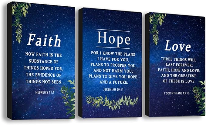 Faith, Hope & Love Bible Verse Inspirational Wall Art, Christian Canvas, A Great Religious Decor Gift for Living Room & Bedroom, (38 x 58cm x 3pcs) Framed Starry Sky