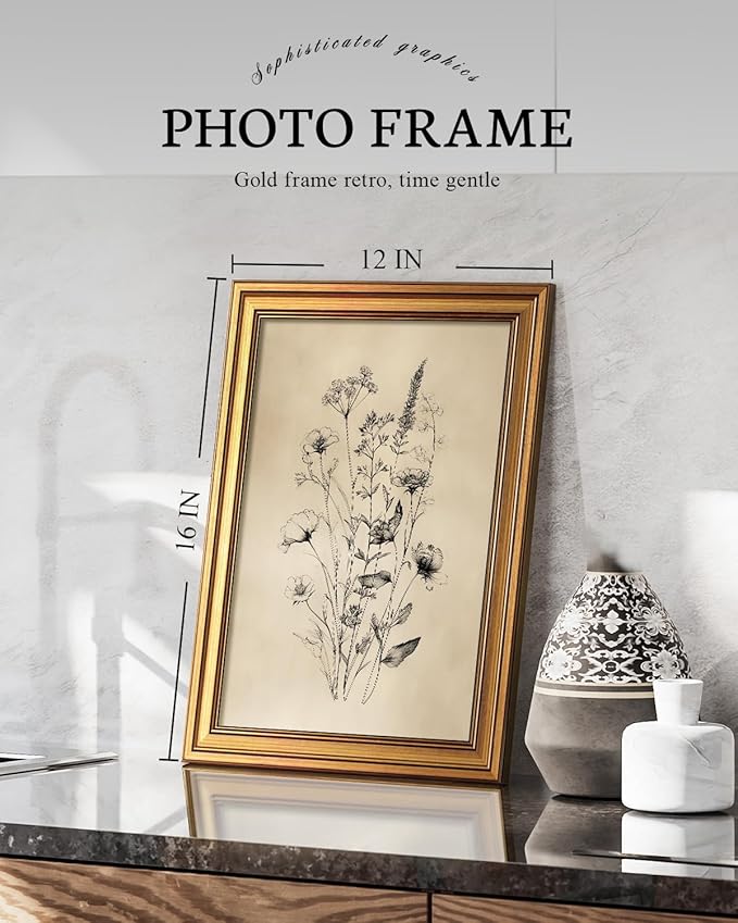VIYYIEA Vintage Wildflower Sketch Rustic Farmhouse Wall Art Decor for Living Room Bedroom, Aesthetic Botanical Floral Meadow Bouquet Pictures,12x16inch,Gold Framed Canvas Prints Paintings