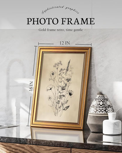 VIYYIEA Vintage Wildflower Sketch Rustic Farmhouse Wall Art Decor for Living Room Bedroom, Aesthetic Botanical Floral Meadow Bouquet Pictures,12x16inch,Gold Framed Canvas Prints Paintings
