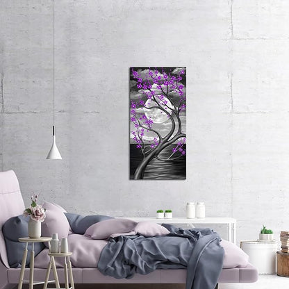 KREATIVE ARTS Purple Flower Tree Wall Art for Bedroom Cherry Blossom Tree in Full Moon Night Landscape Canvas Prints Artwork for Home Wall Decoration Ready to Hang Vertical 20x40inch (Purple)