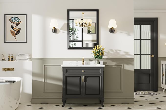 Briivue 28x36 Inch Black Bathroom Mirror for Wall, Thick Metal Framed Rectangle Mirrors for Over Sink, Bedroom, Living Room, Entryway, Anti-Rust, HD Tempered Glass