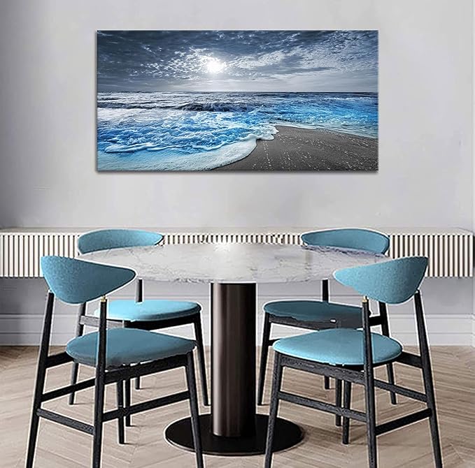 Bamdeya Large Canvas Wall Art for Living Room Beach Poster Wall Pictures for Bedroom Wall Décor Ocean Room Decor Blue Photo Prints Sea Artwork Paintings Framed Office Kitchen Decorations 30x60