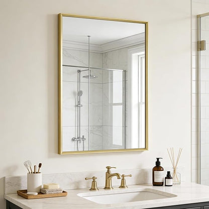 Bathroom Mirror for Wall, 36x24 Inch Metal Framed Mirror, Brushed Gold Rectangle Mirror, Bathroom Vanity Mirror Farmhouse, Tempered Glass, Anti-Rust, Hangs Horizontally or Vertically