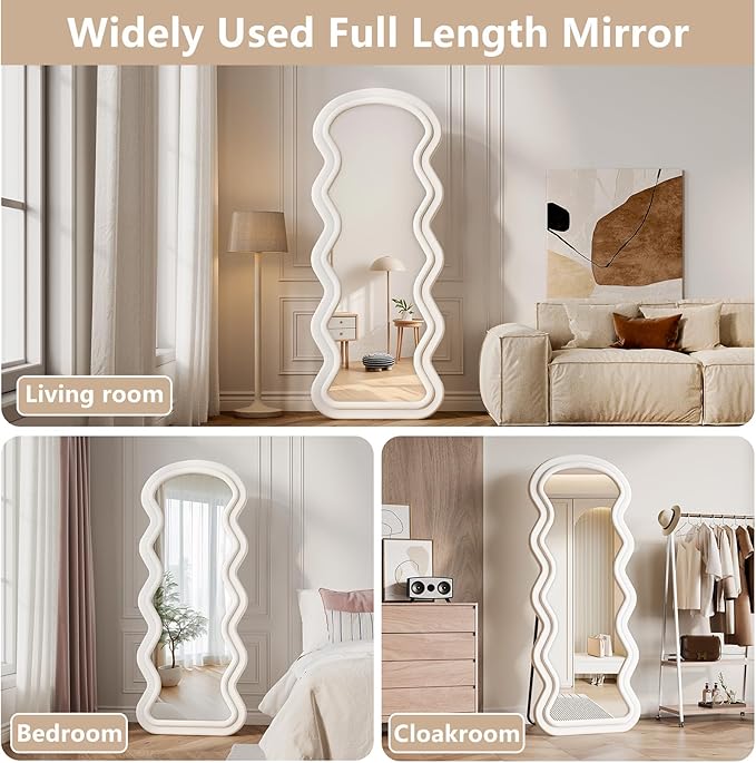 Wavy Full Length Mirror, 71"x32" Flannel Mirrors Full Length with Stand, Full Boby Mirrors for Bedroom, Living Room, Cloakroom, Hanging Leaning Wall Mirror, White