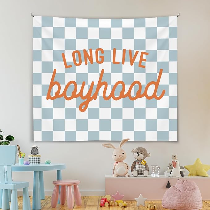 Vintage Blue Checkerboard Wall Tapestry – Long Live Boyhood Soft Flannel Tapestry ，Preppy Boys Bedroom Dorm Room Decor for Boy Bedroom Living Room,Birthday Party Wall Art Decoration 59x51 inch (Blue-Boyhood)