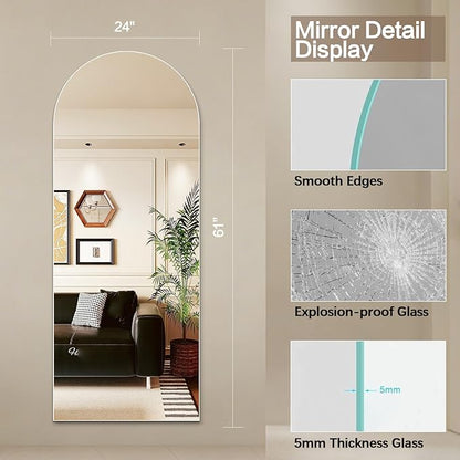 Niccy 61"×24" Frameless Arched Full Length Mirrors, Long Wall-Mounted Mirror for Living Room, Large Full Body Floor Mirror, Explosion-Proof Tall Hanging-Mirror for Bathroom Bedroom Entryway Decor