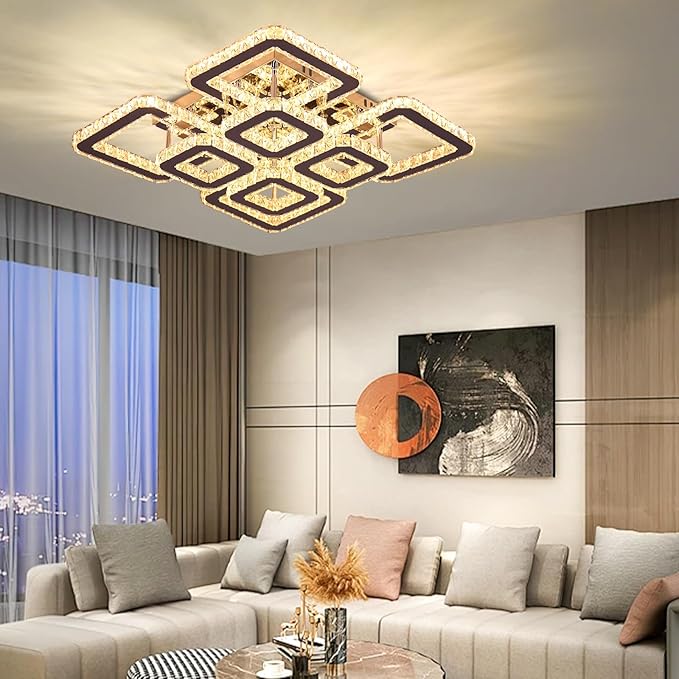 FRIXCHUR 20" Modern Ceiling Light Fixture 3000k Led Flush Mount Ceiling Light Square Crystal Chandelier for Dining Room Living Room Bedroom Hallway