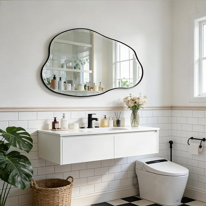 POZINO Irregular Beveled Mirror, 42"x28" Asymmetrical Bathroom Vanity Mirror with Metal Frame, Cloud Shaped Wall Mirrors for Living Room Bedroom Hallway Entryway, Horizontal or Vertical Hanging