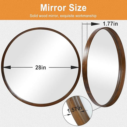 Round Wood Frame Mirror 28 Inch, Brown Wall Circle Mirror for Bathroom, Nursery, and Wall Decor