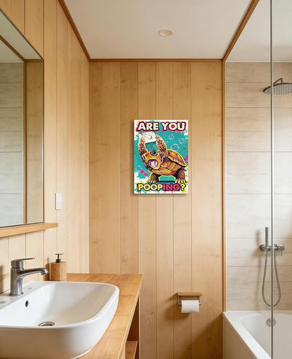 Funny Turtle Bathroom Wall Art Painting, Are You Pooping? Graffiti Humor Canvas Print, Teal Pop Art Bathroom Poster Decor, 12x16 Inch Framed Wall Picture for Bathroom Restroom Toilet Washroom