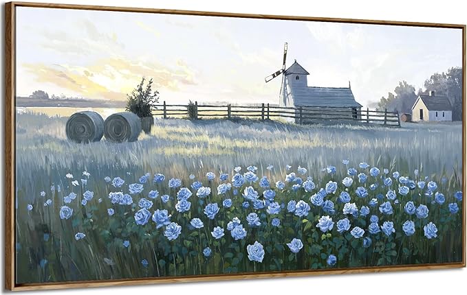 Large Framed Modern Canvas Wall Art, Natural Rural Farm Print Picture, Blue Windmill Flower Field Landscape Art Decor For Living Room, Bedroom, Dining Room, And Kitchen. 48X24 Inches.