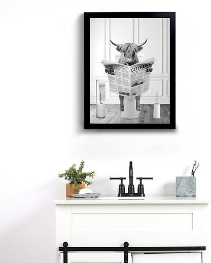Funny Highland Cow Wall Art, Black Framed, Humor Animals Bathroom Artwork, Kids Bedroom Decor