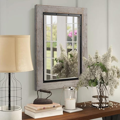 YOSHOOT Rustic Wooden Framed Wall Mirror, Natural Wood and Iron Bathroom Vanity Mirror for Farmhouse Decor, Vertical or Horizontal Hanging, 60" x 30", Grey