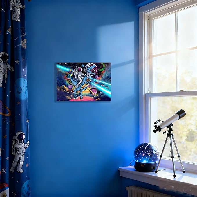 12x16 Space Astronaut Dinosour Star Wars Canvas Picture Wall Art Watercolor Framed Prints Teen Boy T-Rax in Galaxy Cosmic Home Decor Painting Kids Bedroom Painting Child Room Funny Poster Kids Bathroom Photo