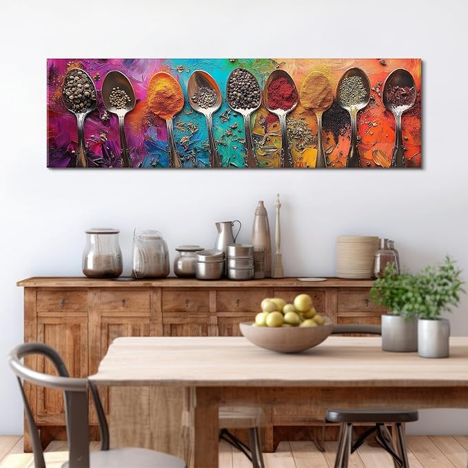 Colorful Spices Seasoning Spoon Canvas Wall Art Kitchen Wall Decor Large Abstract Seasoning Herb Picture for Dining Room Home Bar Decorations Watercolor Food Poster Contemporary Artwork 14x48”