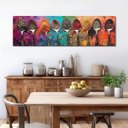 Colorful Spices Seasoning Spoon Canvas Wall Art Kitchen Wall Decor Large Abstract Seasoning Herb Picture for Dining Room Home Bar Decorations Watercolor Food Poster Contemporary Artwork 14x48”