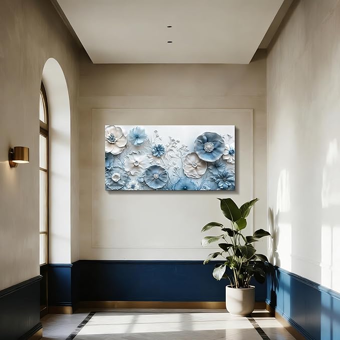 SERIMINO Flower Wall Art, Large Canvas Wall Art, Floral Wall Decor, Blue White Wildflowers Painting, Modern Abstract Botanical Prints, Nature Pictures for Living Room Bedroom Dining Room 24"x48"