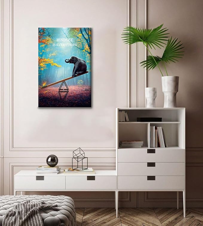 Elephant Wall Art Mindset Motivation Office Wall Canvas Animals Poster Framed Artwork for Office Living room Ready to Hang (20x30 inch)