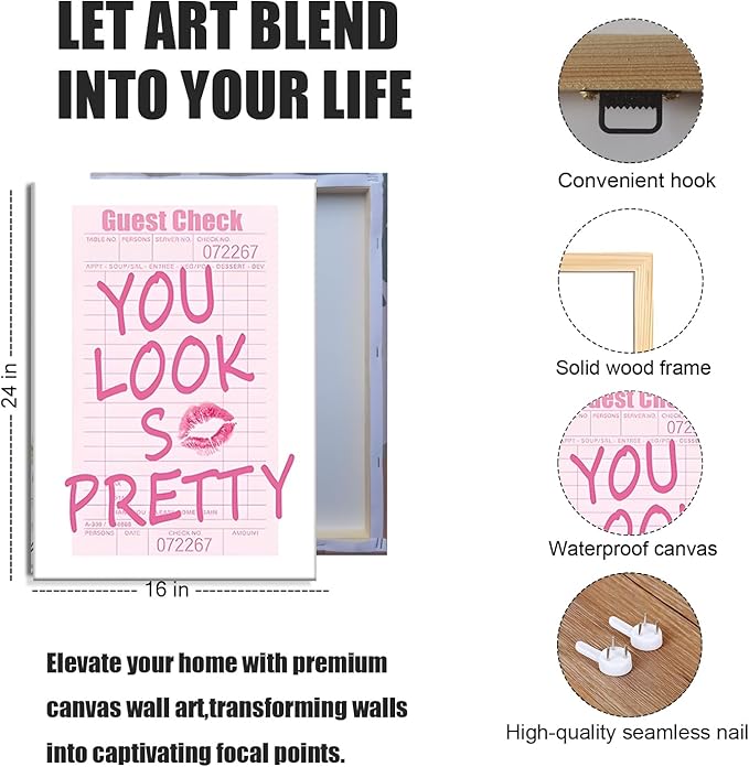 JBZDD 3Pcs Framed Preppy Pink Bathroom Wall Art Set, Funny Guest Check & Shower Karaoke Stamp Canvas Posters, Trendy Indie Pop Room Decor for Women Powder Room Restroom 12x16in