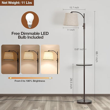 AIDENOEY Fully Dimmable Floor Lamp for Living Room，Standing Lamp Rotary Switch with Table&Linen Beige Shade，Brown Tall Lamps for Bedroom with Adjust Head，9W LED Bulb Included