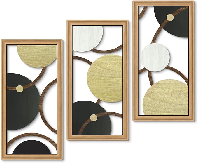 Putuo Decor Modern Geometric Cut-Out Wall Art Set of 3, Black Gold Circle Wall Panels for Living Room Bedroom Office, 3D Layered Abstract Metal Look Wall Decor