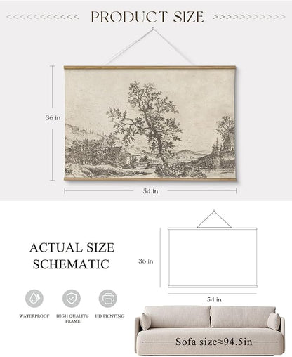 ARPEOTCY Extra Large Vintage Framed Wall Art, 36x54 Inch Sketch Houses Trees Landscape Hanging Canvas Prints, Scroll Wall Decor for Living Room Bedroom, Retro Scenery Pictures Above of Bed