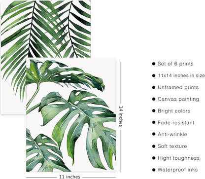 HoozGee Botanical Wall Art Prints Set of 6 Tropical Leaves Canvas Decor Plant Leaf Boho Wall Decor Pictures Green Boho Posters Art Set Bathroom Wall Art Poster (11"x14" UNFRAMED)