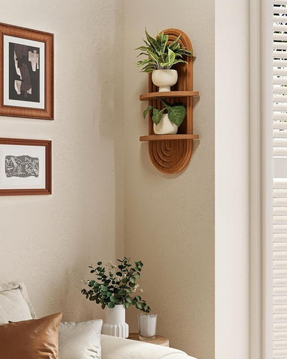 Bamworld Plant Wall Shelf Boho Wall Decor Brown Hanging Plant Shelf Mid Century Modern Decor 2-Tier Wooden Floating Shelves for Home, Bathroom Living Room Office Holding Planter Decoration, 1Pcs