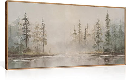 HPNIUB Modern Misty Pine Tree Framed Wall Art Set,Neutral Abstract Landscape Wall Decor,Nature Foggy Forest Art Print, Beige Rustic Farmhouse Artwork for Living Room, Bedroom,Office- 20"x40"