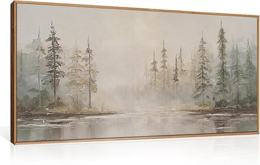 HPNIUB Modern Misty Pine Tree Framed Wall Art Set,Neutral Abstract Landscape Wall Decor,Nature Foggy Forest Art Print, Beige Rustic Farmhouse Artwork for Living Room, Bedroom,Office- 20"x40"