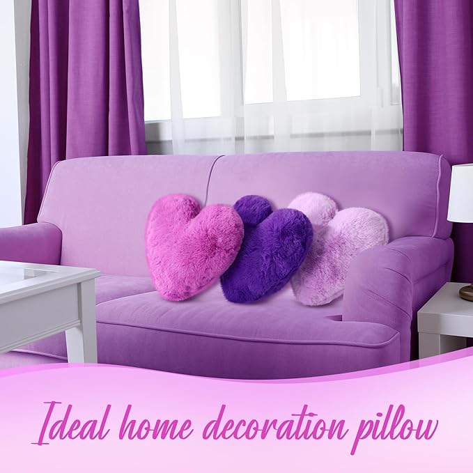 Liliful 6 Pcs Faux Rabbit Fur Heart Pillows Fluffy Heart Throw Pillows Cute Couch Cushion Soft Decorative Throw Cushion for Bed Sofa Girls Women(12 x 11 Inch,Purple Color)