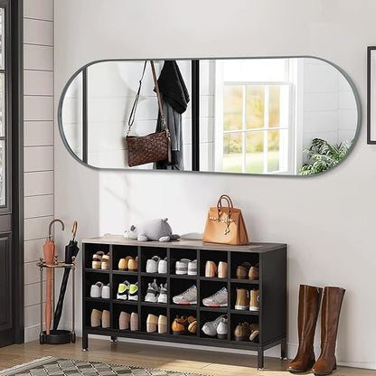 JJUUYOU Oval Full Length Bathroom Mirror 63"X32" Wall Mounted Vanity Metal Frame Mirror Aluminum Alloy Frame Mirrors for Bedroom Entryway Living Room,Grey