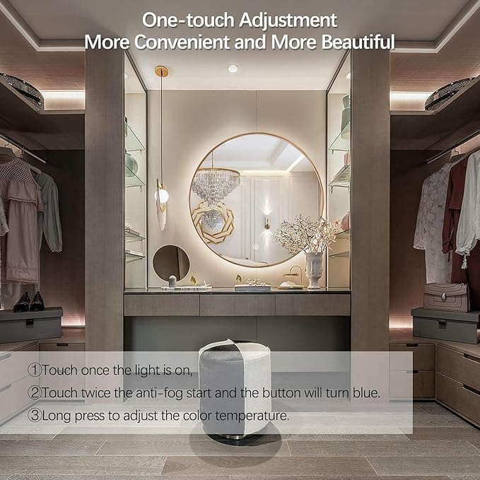 Niccy 30" LED Backlit Round Mirror for Bathroom, Gold Framed Vanity Light Wall Mirror, LED Smart Circle Mirrors with 3 Lighting Colors, Round Lighted Mirror with Anti-Fog, IP65 Waterproof
