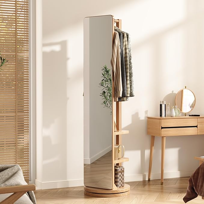 WoodsWhisper Full Length Mirror Coat Rack Solid Wood Floor Mirror 70"x16" Full Length Mirror with Stand Long Mirrors for Bedroom,Living Room (Natural, 70" L x 16" W)