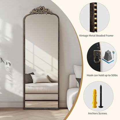 Full-Length Baroque Style Vintage Mirror, 65"L x 22"W, Wall-Mounted, Antique Black Iron Frame, Thick 4MM Glass, Explosion-Proof, Living Room, Bedroom, Entryway