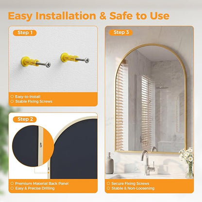 OLIXIS 20x30 Inch Arched Gold Bathroom Mirror for Over Sink, Wall Mirror, Arch Bathroom Vanity Mirror with Matte Metal Frame and Tempered Glass for Home Decor, Living Room, Shatterproof&Crystal-Clear
