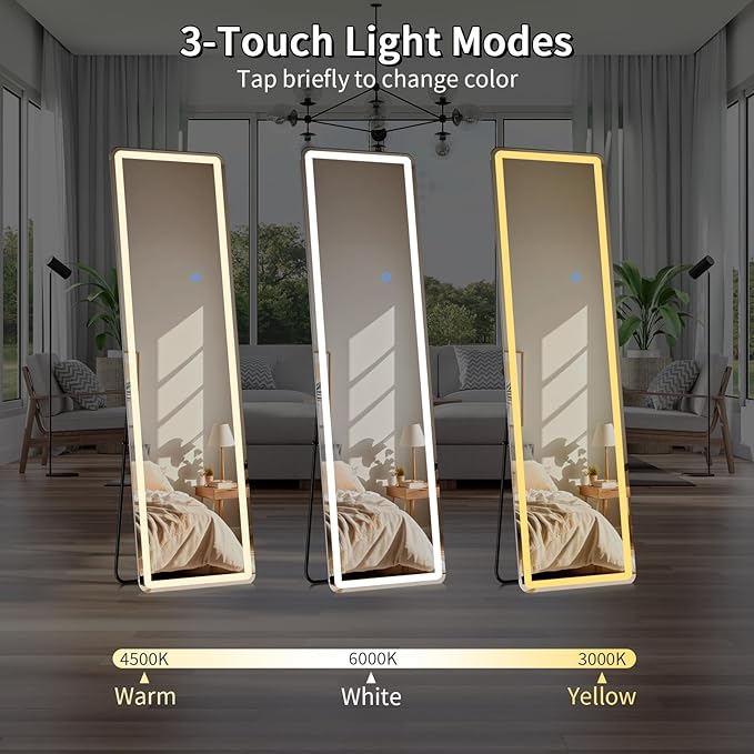 Koonmi Full Length Mirror with LED Lights, 65"x24" Lighted Mirror with Dimming & 3 Color Lighting, Big Mirror for Bedroom, Dressing Room, Rectangle,White