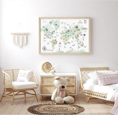 Joocrise Green Kids World Map Wall Art Animal Map Canvas Art Nursery Wall Decor World Map Poster Childrens Room Decor Playroom Prints Educational Artwork 16x24 Inch Wood Frame