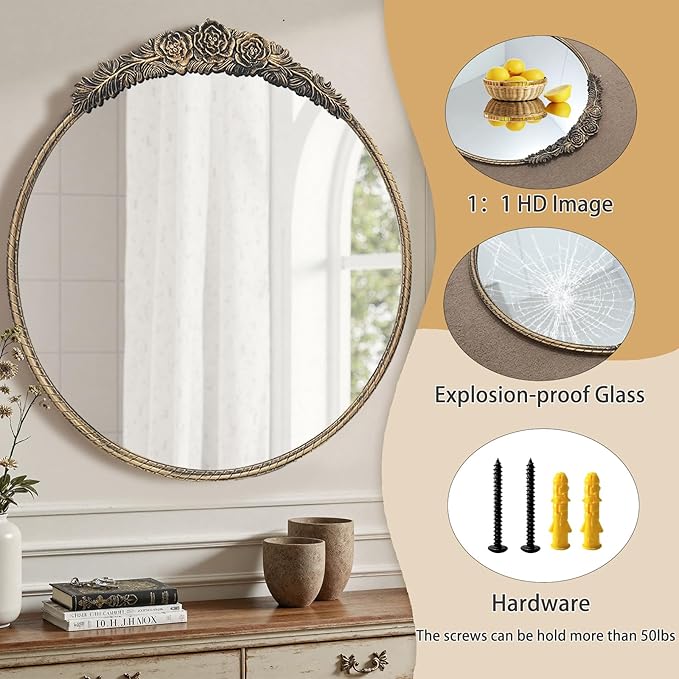 Growsun Round Wall Mirror with Vintage Black Floral Frame – 28 Inch Decorative Wall Mirror for Living Room, Bedroom, Entryway, Bathroom Vanity – Elegant Antique Accent Home Décor
